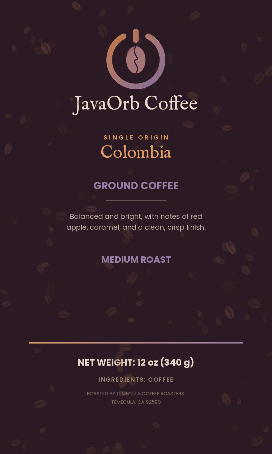 JavaOrb Colombia Ground 12oz label