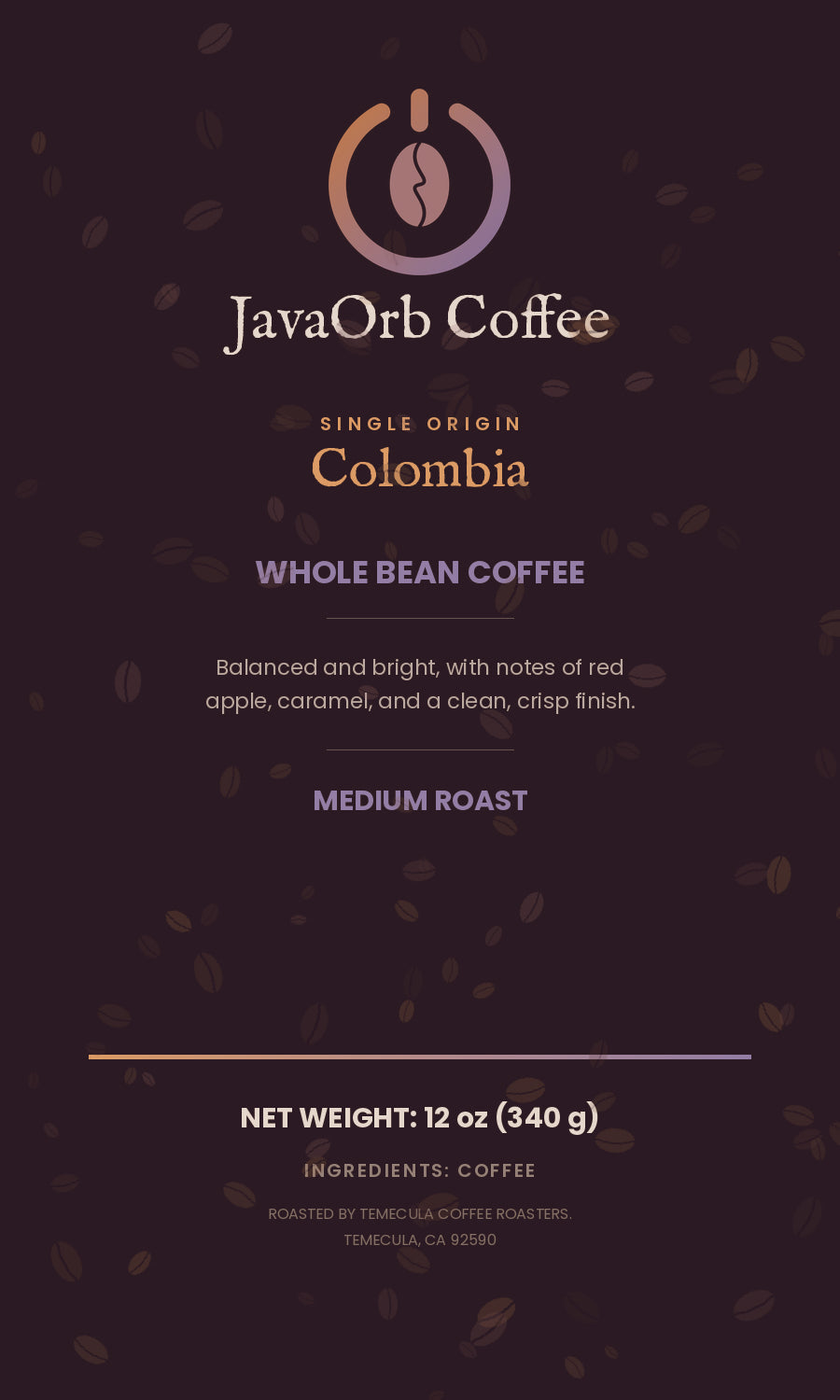 JavaOrb Colombia Whole Bean 12oz label