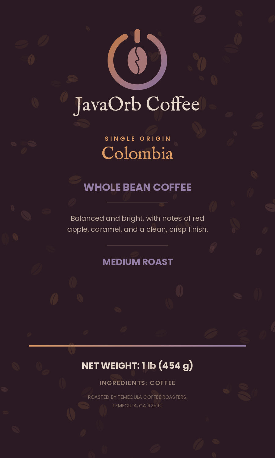 JavaOrb Colombia Whole Bean 1lb label